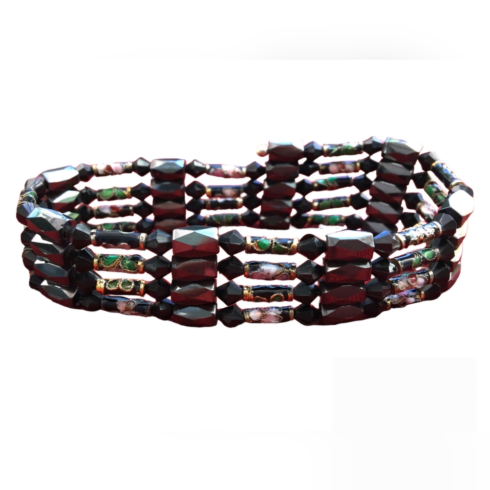 Hematite Cloisonne Bead Wrap Bracelet Necklace Magnetic Blue Black 35” L12